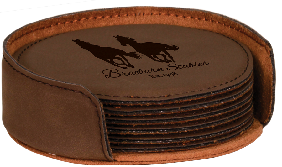 4" Dark Round Laserable Leatherette 6-Coaster Set