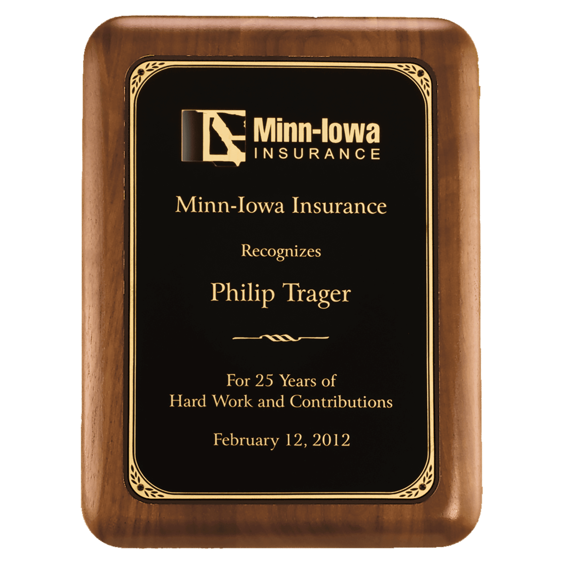 10 1/2" x 13" American Walnut Plaque + Gold Border + Brass Plate